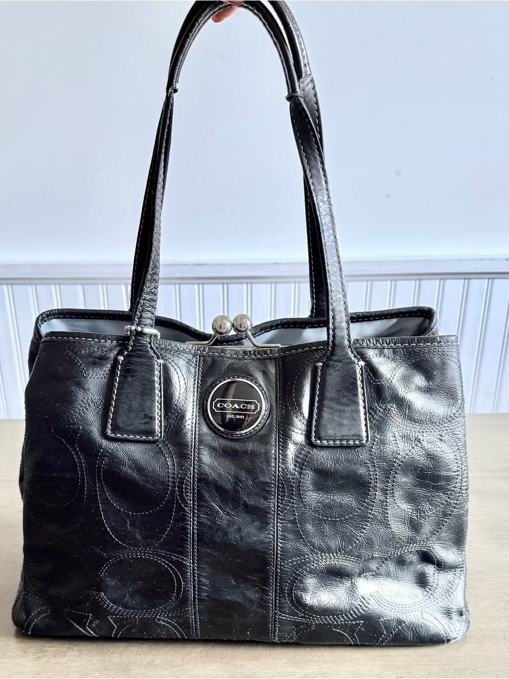 Coach Black Leather Shoulder Tote with Signature Stitching - 3 Separate Pockets